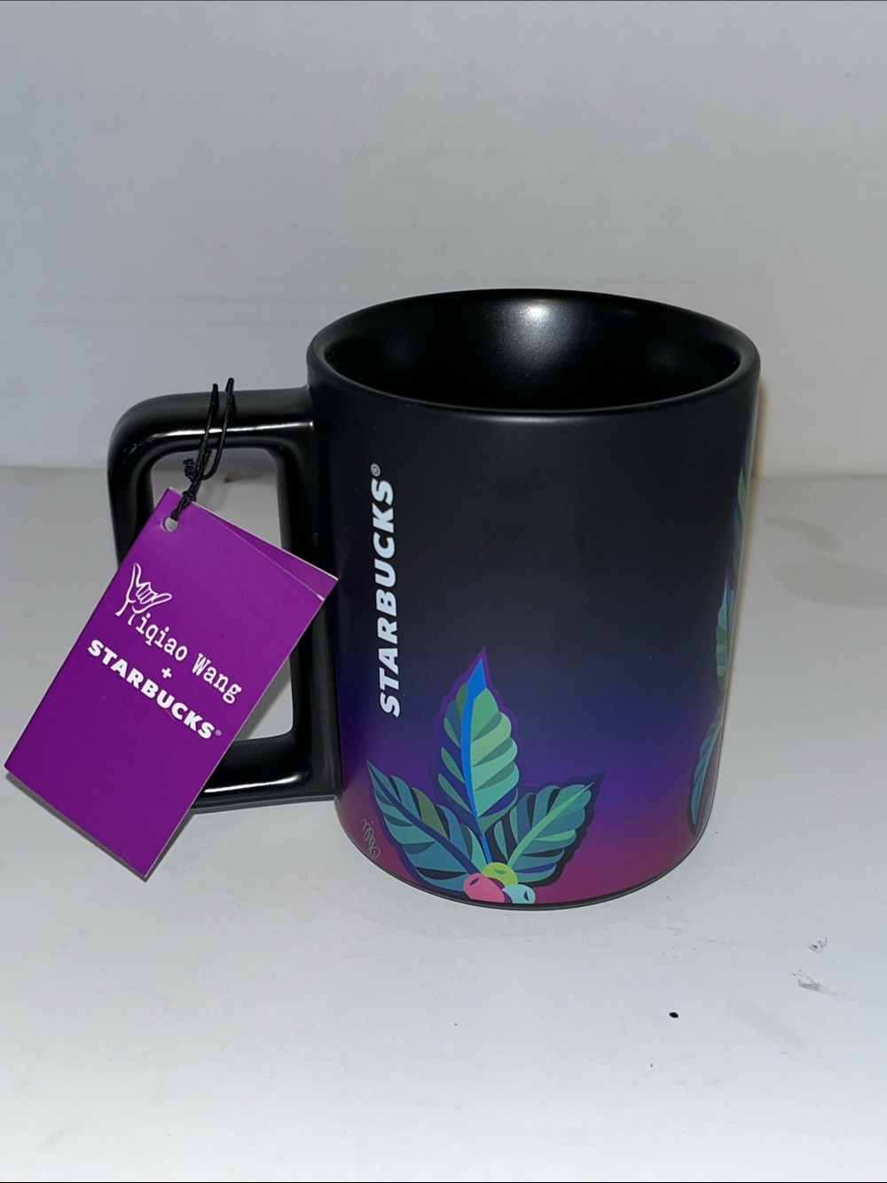 Starbucks Wigiao Wang Black and Purple Botanical Square-Handle Mug